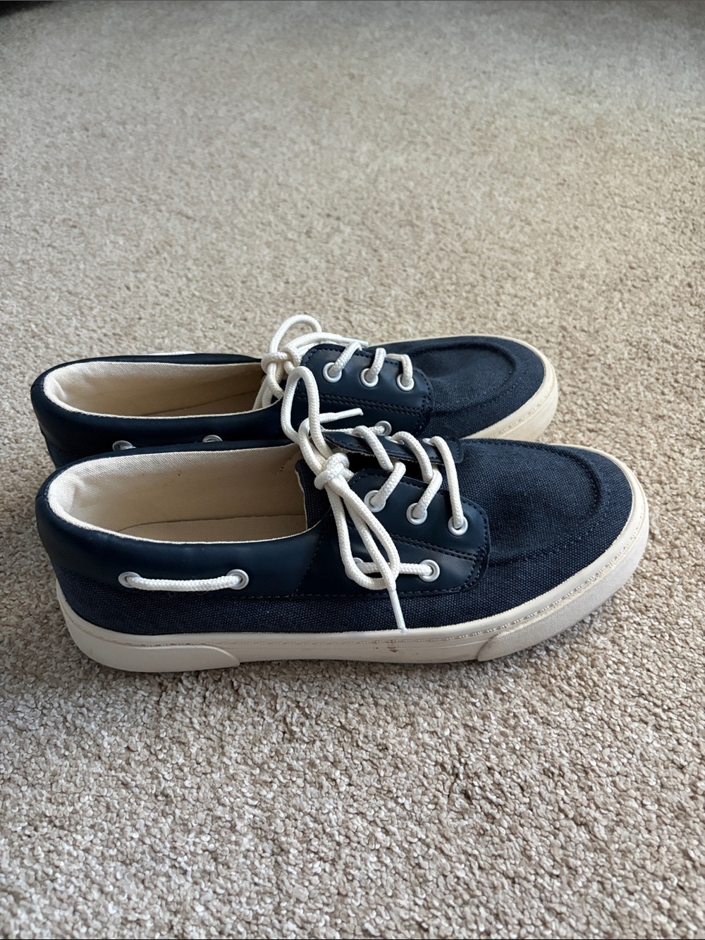 Mens Navy Canvas Boat Sneakers with Cream Soles